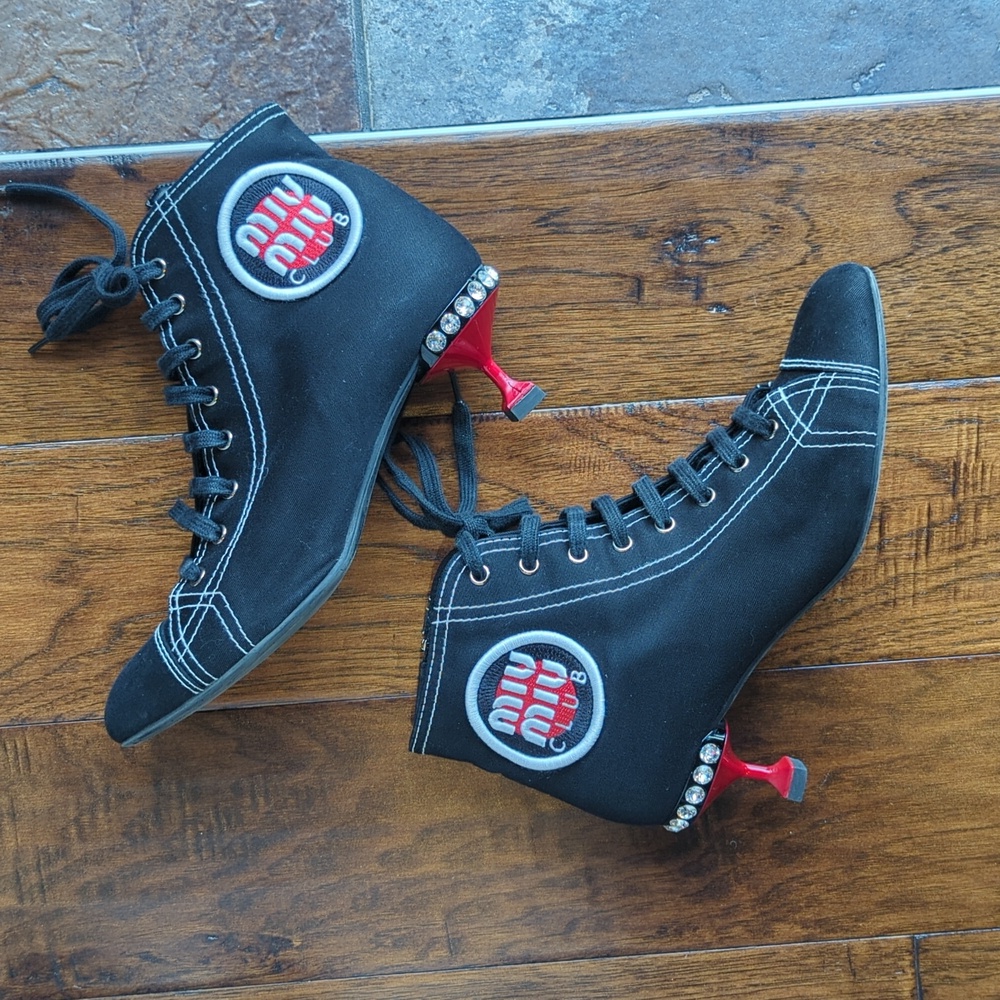 Miu Miu Black Lace-Up Ankle Heels with Red Accents and Crystal Trim